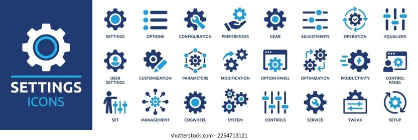 Settings, icon set. Containing options, configuration, preferences, adjustments, operation, gear, control panel, equalizer, management, optimization and productivity icons. Solid icon collection. - Shutterstock ID 2254713121