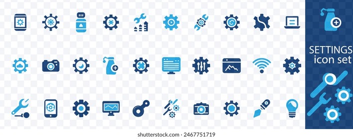 Settings, icon set. Containing options, configuration, preferences, adjustments, operation, gear, control panel, equalizer, optimization and setup icons