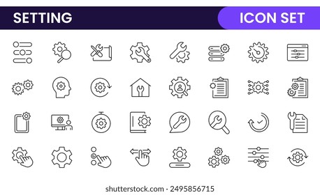 Settings, icon set. Containing options, configuration, preferences, adjustments, operation, gear, control panel, equalizer, management, optimization and productivity icons.
