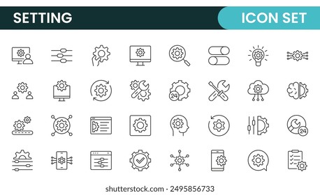 Settings, icon set. Containing options, configuration, preferences, adjustments, operation, gear, control panel, equalizer, management, optimization and productivity icons.
