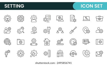 Settings, icon set. Containing options, configuration, preferences, adjustments, operation, gear, control panel, equalizer, management, optimization and productivity icons.
