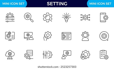 Settings, icon set. Containing options, configuration, preferences, adjustments, operation, gear, control panel, equalizer, management, optimization and productivity icons.
