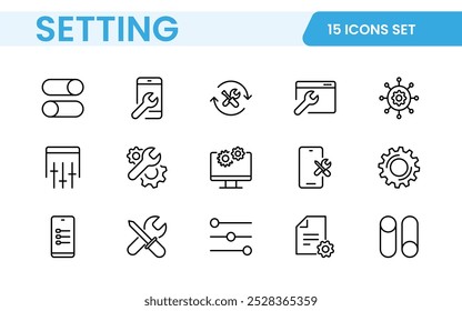 Configurações, conjunto de ícones. Contendo opções, configuração, preferências, ajustes, operação, engrenagem, painel de controle, equalizador, gerenciamento, otimização e ícones de produtividade.

