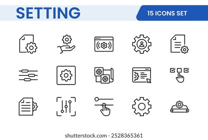 Configurações, conjunto de ícones. Contendo opções, configuração, preferências, ajustes, operação, engrenagem, painel de controle, equalizador, gerenciamento, otimização e ícones de produtividade.
