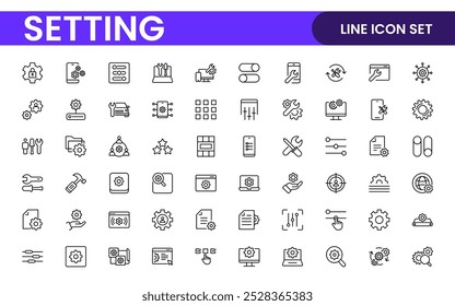 Configurações, conjunto de ícones. Contendo opções, configuração, preferências, ajustes, operação, engrenagem, painel de controle, equalizador, gerenciamento, otimização e ícones de produtividade.
