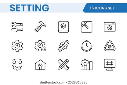 Configurações, conjunto de ícones. Contendo opções, configuração, preferências, ajustes, operação, engrenagem, painel de controle, equalizador, gerenciamento, otimização e ícones de produtividade.
