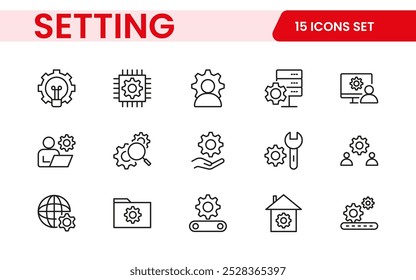 Configurações, conjunto de ícones. Contendo opções, configuração, preferências, ajustes, operação, engrenagem, painel de controle, equalizador, gerenciamento, otimização e ícones de produtividade.
