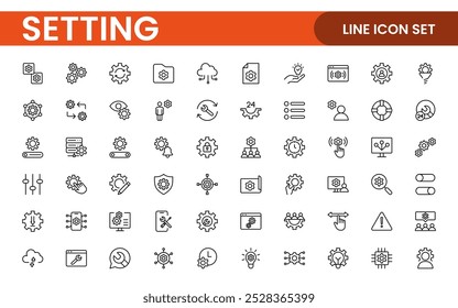 Configurações, conjunto de ícones. Contendo opções, configuração, preferências, ajustes, operação, engrenagem, painel de controle, equalizador, gerenciamento, otimização e ícones de produtividade.
