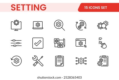 Configurações, conjunto de ícones. Contendo opções, configuração, preferências, ajustes, operação, engrenagem, painel de controle, equalizador, gerenciamento, otimização e ícones de produtividade.
