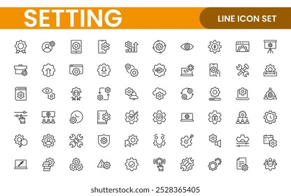 Configurações, conjunto de ícones. Contendo opções, configuração, preferências, ajustes, operação, engrenagem, painel de controle, equalizador, gerenciamento, otimização e ícones de produtividade.
