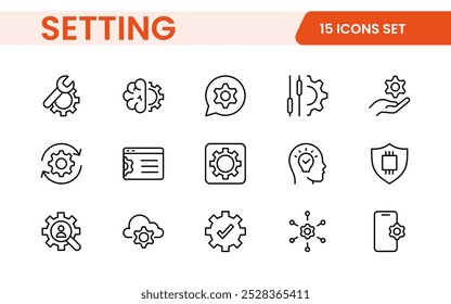 Configurações, conjunto de ícones. Contendo opções, configuração, preferências, ajustes, operação, engrenagem, painel de controle, equalizador, gerenciamento, otimização e ícones de produtividade.

