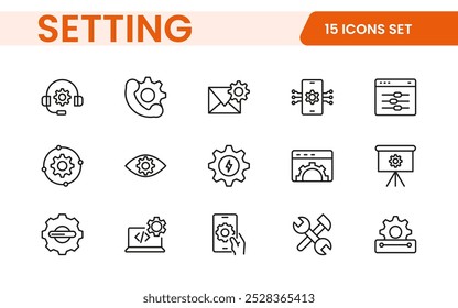 Configurações, conjunto de ícones. Contendo opções, configuração, preferências, ajustes, operação, engrenagem, painel de controle, equalizador, gerenciamento, otimização e ícones de produtividade.
