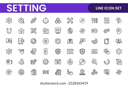 Configurações, conjunto de ícones. Contendo opções, configuração, preferências, ajustes, operação, engrenagem, painel de controle, equalizador, gerenciamento, otimização e ícones de produtividade.
