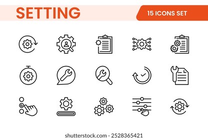 Configurações, conjunto de ícones. Contendo opções, configuração, preferências, ajustes, operação, engrenagem, painel de controle, equalizador, gerenciamento, otimização e ícones de produtividade.
