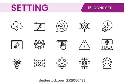 Settings, icon set. Containing options, configuration, preferences, adjustments, operation, gear, control panel, equalizer, management, optimization and productivity icons.
