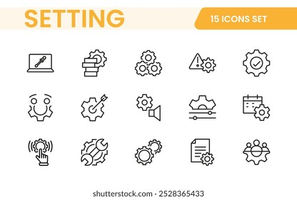 Configurações, conjunto de ícones. Contendo opções, configuração, preferências, ajustes, operação, engrenagem, painel de controle, equalizador, gerenciamento, otimização e ícones de produtividade.
