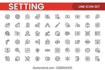 Configurações, conjunto de ícones. Contendo opções, configuração, preferências, ajustes, operação, engrenagem, painel de controle, equalizador, gerenciamento, otimização e ícones de produtividade.
