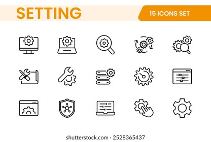 Configurações, conjunto de ícones. Contendo opções, configuração, preferências, ajustes, operação, engrenagem, painel de controle, equalizador, gerenciamento, otimização e ícones de produtividade.

