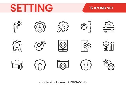 Settings, icon set. Containing options, configuration, preferences, adjustments, operation, gear, control panel, equalizer, management, optimization and productivity icons.
