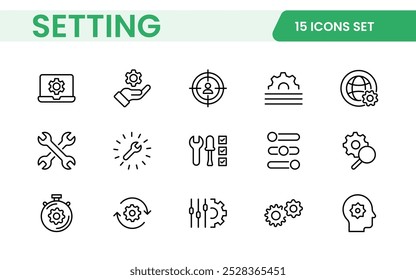 Configurações, conjunto de ícones. Contendo opções, configuração, preferências, ajustes, operação, engrenagem, painel de controle, equalizador, gerenciamento, otimização e ícones de produtividade.
