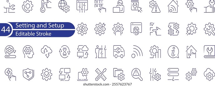 Settings, icon set. Containing options, configuration, preferences, adjustments, operation, gear, control panel, equalizer, management, optimization and productivity icons