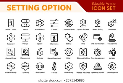 Settings, icon set. Containing options, configuration, preferences, adjustments, operation, gear, control panel, equalizer, management, optimization and productivity icons.