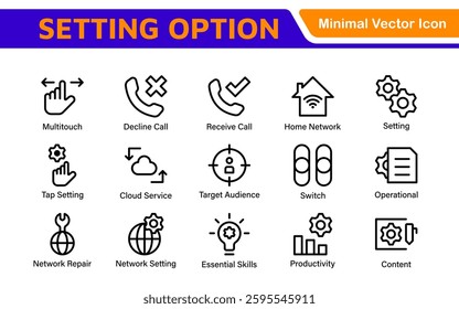 Settings, icon set. Containing options, configuration, preferences, adjustments, operation, gear, control panel, equalizer, management, optimization and productivity icons.