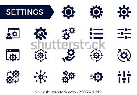 Settings, icon set. Containing options, configuration, preferences, adjustments, operation, gear, control panel, equalizer, management, optimization and productivity icons. Solid icon collection.