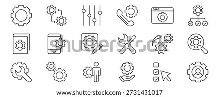 Settings icon set. Containing options, configuration, preferences, adjustments, gear, control panel, equalizer, management, optimization and more icons. Vector illustration. editable stroke