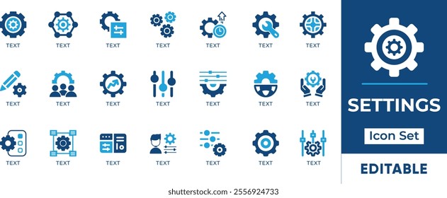 Settings Icon Set. Features editable icons for setting symbols, configuration, adjustment, control, options, and more. Perfect for websites, apps, and digital projects.