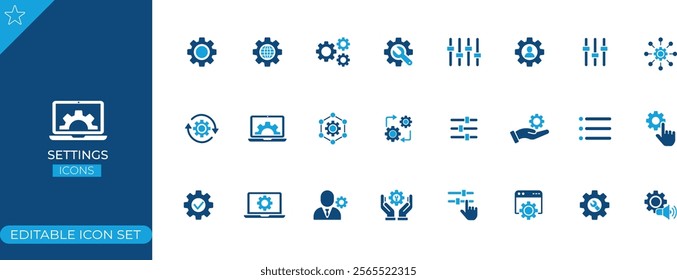 Settings Icon Set" features essential icons representing configuration and customization tools, such as gears, sliders, and toggles. Perfect for apps, websites, and user interfaces.