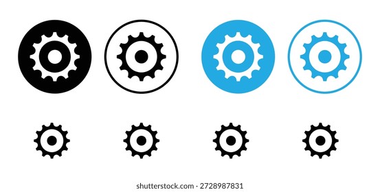 Conjunto de iconos de Configuraciones. Colección de engranajes, engranajes y símbolos de mecanismos. Ilustración vectorial de estilo plano, silueta y contorno. Conjunto de iconos de rueda dentada. Signo de línea y glifo de la rueda dentada. Símbolo de mecanismo de rueda dentada de contorno
