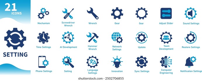 Settings icon. Set of gear icons, techniques, mechanisms, updates, mechanics. Solids vector symbol.