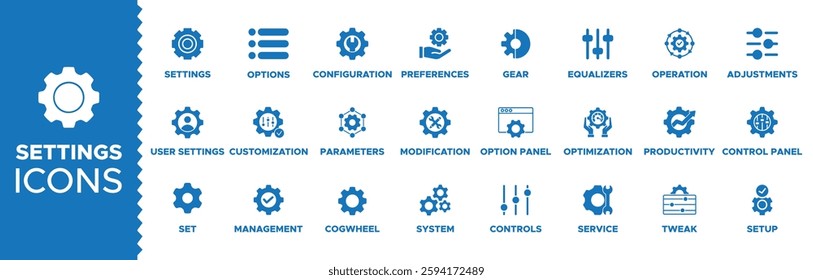 Settings icon set. settings icons pack, Containing options, configuration, preferences, adjustments, operation, gear, equalizer, management, optimization and productivity icons. Solid icon collection.