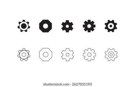 Configurações Ícone Definir Ilustração. Uma coleção limpa e moderna de ícones de configuração em preto sólido e em branco contornado estilos