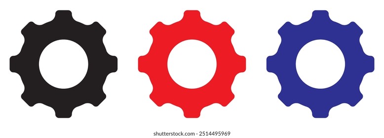 Ícone de configurações definido isolado no fundo branco. Ícone de configurações de preto, vermelho e azul.