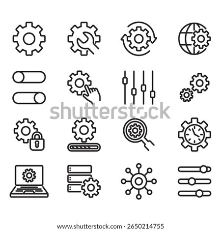 Settings icon set. Line style vector. Contains icons such as control panel, equalizer, management, optimization and many more.
