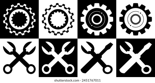 Configuraciones, conjunto de iconos. Servicios, configuración, preferencias, ajustes, funcionamiento, panel de control, gestión e iconos de productividad.