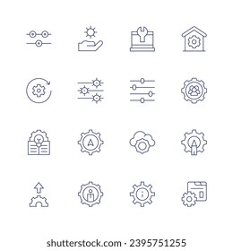 Einstellungen Symbol gesetzt. Dünne Linie Symbol. Bearbeitbarer Strich. Enthält Steuerelemente, laufende Arbeiten, Ideen, Upload, Einstellungen, Einstellungen, Cloud-Einstellungen, Teamwork, Ausrüstung.