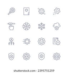 Einstellungen Symbol gesetzt. Dünne Linie Symbol. Bearbeitbarer Strich. Enthält Suche, Konfiguration, Admin, Schild, Einstellungen, Verbindung, Cloud-Computing, Einstellung, Getriebe.