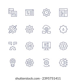 Conjunto de iconos de configuración. Icono de línea delgada. Trazo editable. Conteniendo datos, proceso creativo, notificación, bombilla, ajustes, tiempo, ajuste, marcha, conexión, modelo de negocio de suscripción, aceite.