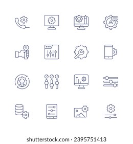 Conjunto de iconos de configuración. Icono de línea delgada. Trazo editable. Conteniendo llamadas telefónicas, reparaciones, globalización, administración de datos, ajustes, smartphone, rueda cognoscitiva.