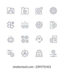 Settings icon set. Thin line icon. Editable stroke. Containing folder, solution, disruption, control, settings, settings notification, headphones, brain, controls, adjust.