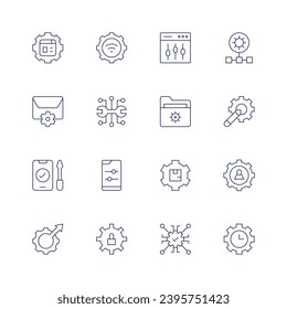 Settings icon set. Thin line icon. Editable stroke. Containing web management, mail, repair, testing, settings, automation, network, user, time optimization.