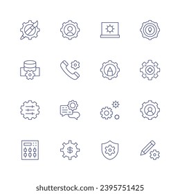Conjunto de iconos de configuración. Icono de línea delgada. Trazo editable. Contiene pincel de pintura, base de datos, adaptación, consola, configuración, seguridad, configuración, foco, usuario, lápiz.