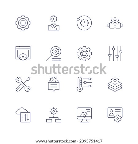 Settings icon set. Thin line icon. Editable stroke. Containing gear, website, tool, cloud, settings, restore settings, celsius, controls, layers, account.