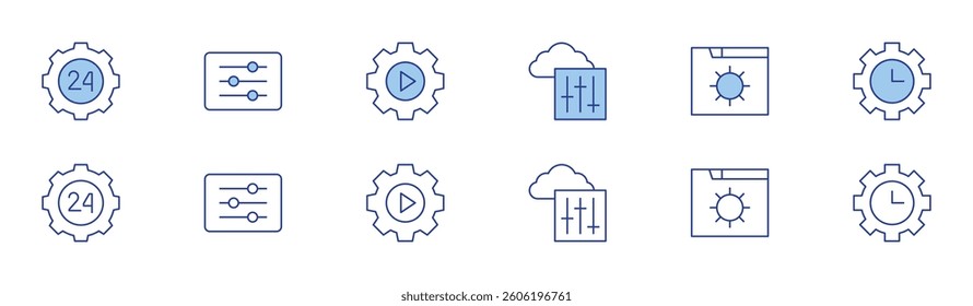 Settings icon set in two styles, Duotone and Thin Line style. Editable stroke. cloud, settings, time optimization.