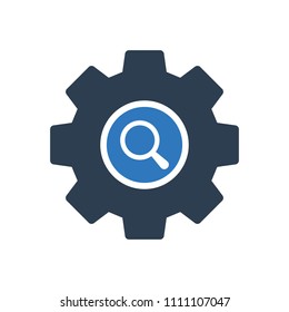 Settings icon, Tools and utensils icon with research sign. Settings icon and explore, find, inspect symbol. Vector illustration