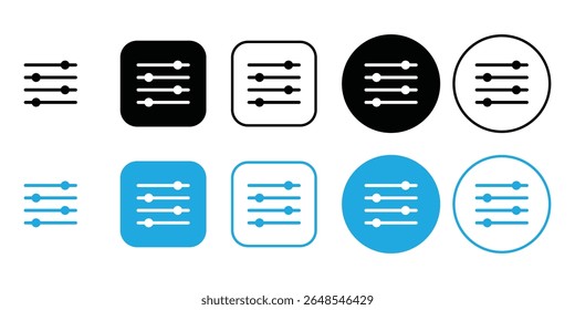 Settings icon variations showcase control panel adjustments in black and blue, designed for user interface and website navigation.