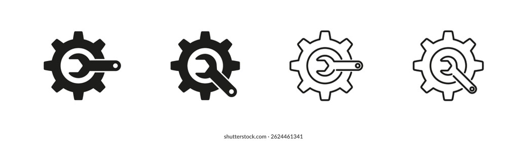 Settings icons with cogwheel and wrench in flat and outline styles.